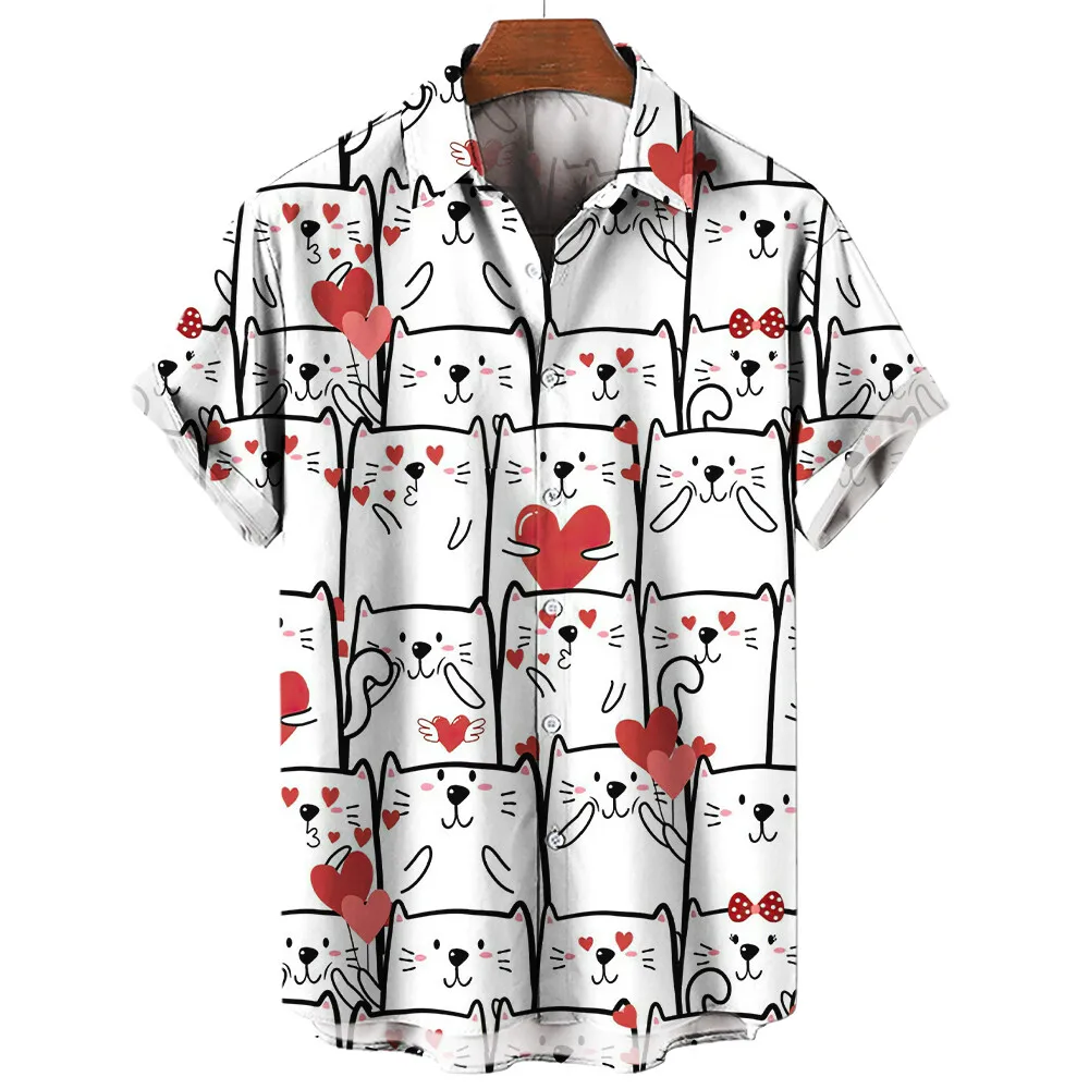 Cartoon Animal Cat Print Summer Fashion Men\'s Printed Short Sleeve Shirt Street Trend All-match Casual Men\'s Shirt Oversized Top