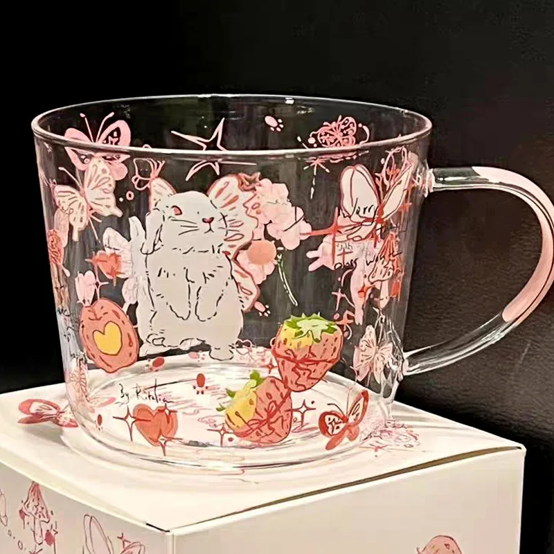 

Coffee Mug Borosilicate Glass Creative Cartoon Pattern Tea Water Breakfast Cup with Handle Home Transparent Drinking Glasses