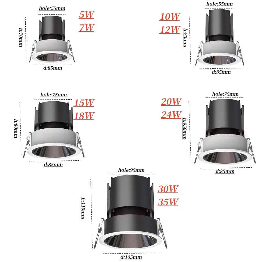 Foco LED redondo antideslumbrante para iluminación del hogar y oficina, lámpara de techo empotrada, regulable, AC110V, 220V, 24 °, 5W-36W