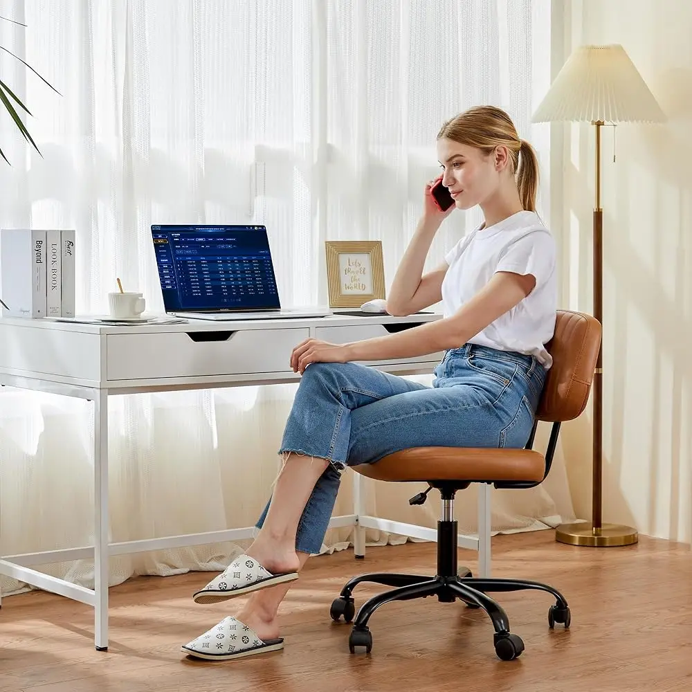 Small Office Desk Chairs, Pu Leather Arml Low Ba Computer Task Vanity Chair,Modern Adjustable Swivel Rolling Chair,Vintage