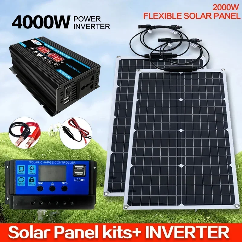 Flexible Solar Panel System110V/220V2000W 12V Battery Charging Controller 4000W Solar Inverter Kit Complete For Home/Outdoor Use