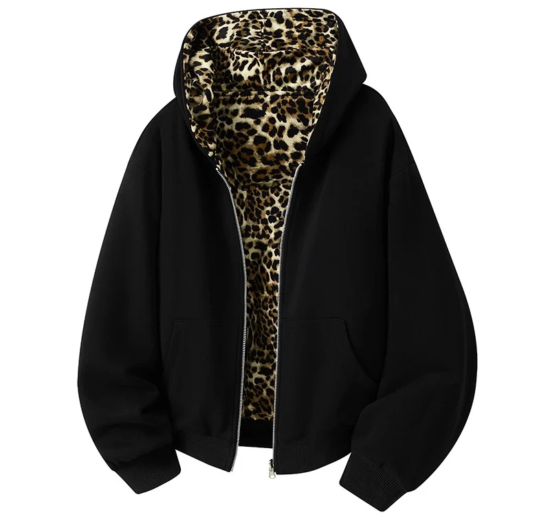 

Men's Reversible Leopard Print Hoodie, Double Sided Wear Jacket, Contrast Color Zipper Hooded Sweatshirt with Large Pockets