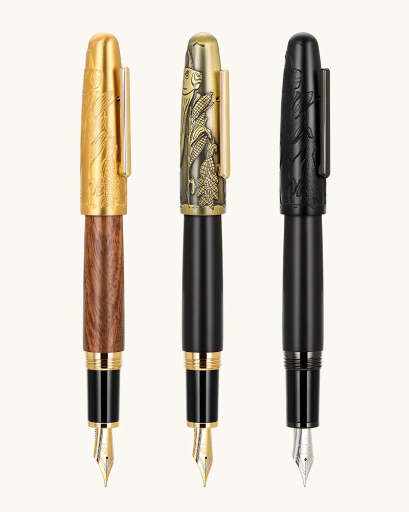 Jinhao 9056A Bull Embossed Fountain Pen M Nib Handmade Wooden And Metal Writing Gift Pen