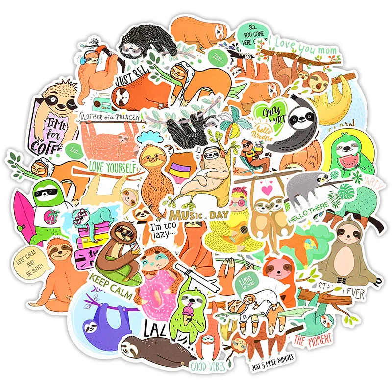 50 PCS Cute Sloths Scrapbooking Sticker DIY Children Room Cartoon Animals Waterproof Decal Stickers for Car Fridge Mirror Decals