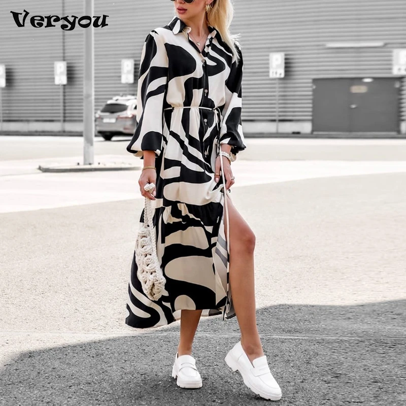 

New Elegant Zebra Print Shirt Dress Women Fashion Turn Down Collar Long Sleeve Split Up Party Dress Women Casual Maxi Long Dress