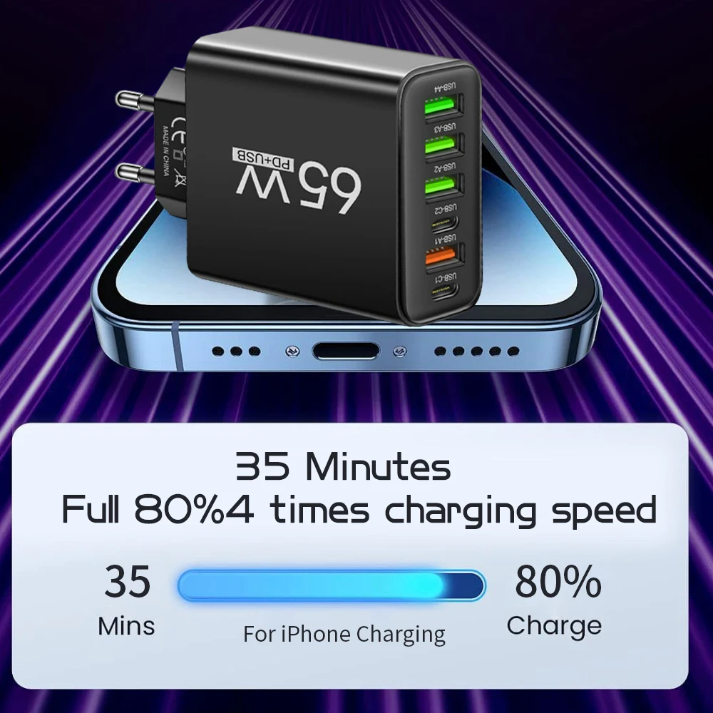 شاحن USB C إجمالي 65 وات Muti 6 منافذ شحن سريع QC3.0 نوع C محول حائط للهاتف المحمول لهاتف iPhone 15 Pro Max Xiaomi Samsung