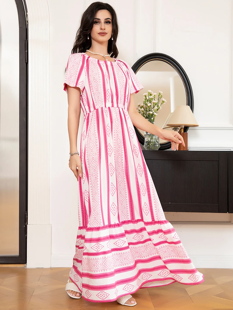 Style de vacances col rond géométrie abstraite manches Raglan robes longues robes roses