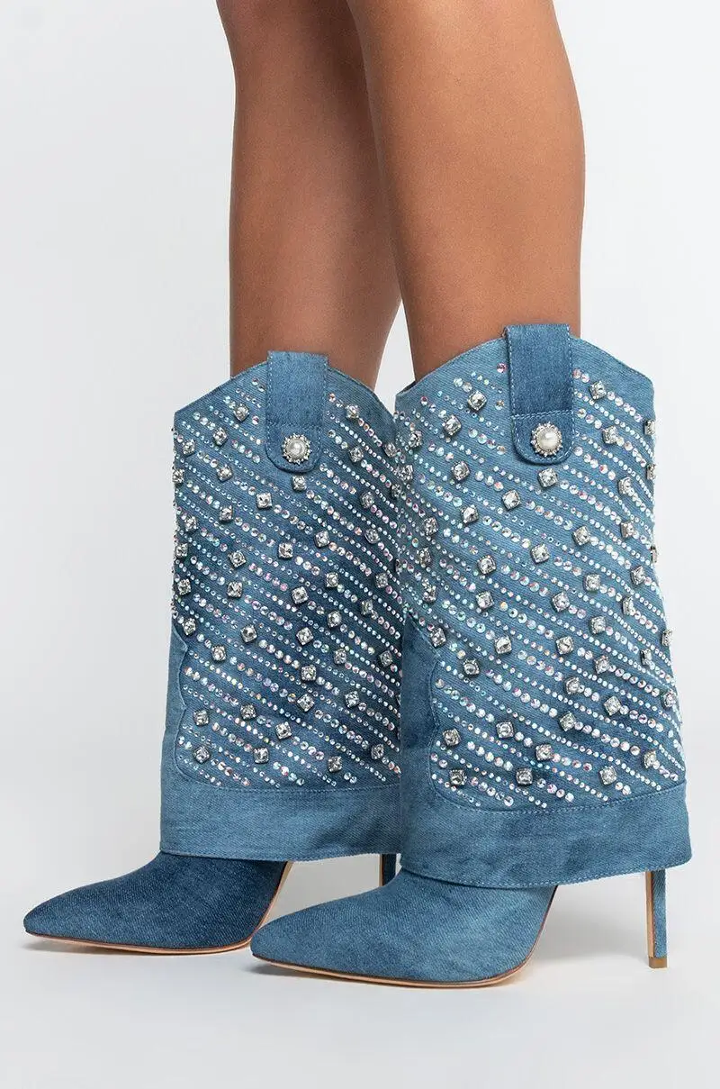 

Pointed-toe stiletto denim rhinestone slip-on boots Fashion studed diamond mid-calf boots for ladies Pointed-toe stiletto denim
