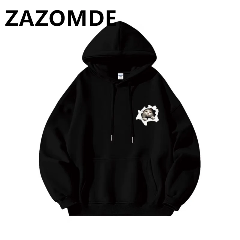 ZAZOMDE New Men Long Sleeve Hoodie Fashion Harajuku Oversized Sweatshirt Cat Print Pullover Hoody Men Pocket Tracksuit Hooded