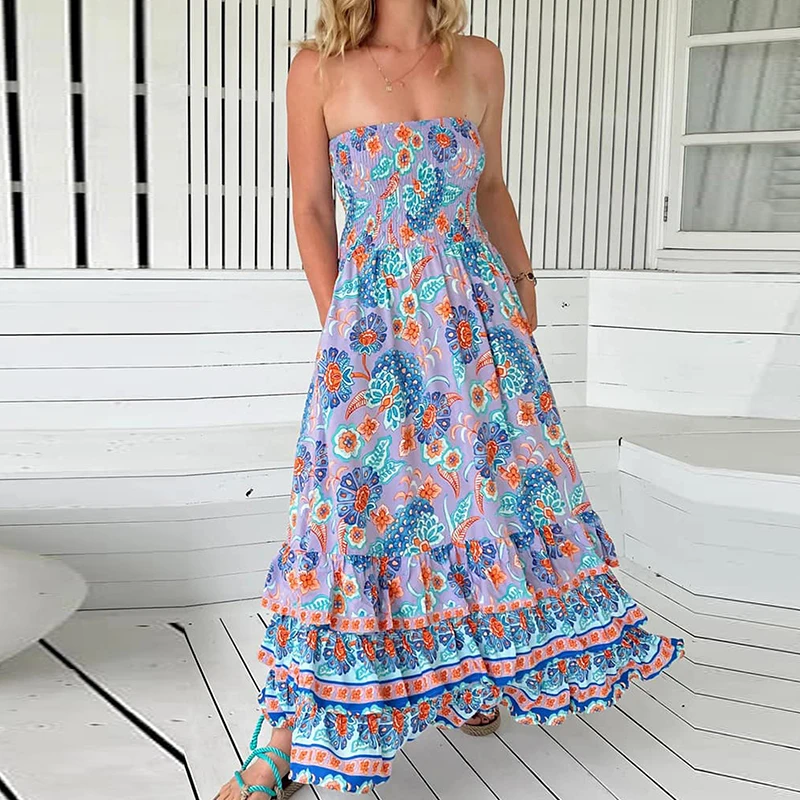 Sexy feminino fora do ombro bolo vestidos casuais cintura alta babados vestido de festa 2025 verão novo boêmio impresso longo vestido em camadas