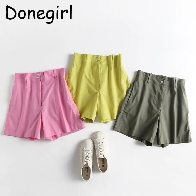 Donegirl 2023 Women Summer New High Waist Candy Color Linen Shorts Casual Simple Versatile Elastic Waist Short Pant Female Chic