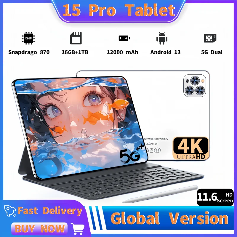 

2024 Global Version New Original 15 Pro Tablet Android 13 16GB+1TB 11.6 Inch HD 5G Dual SIM PhoneCall WiFi PAD 6 Pro Tablets PC