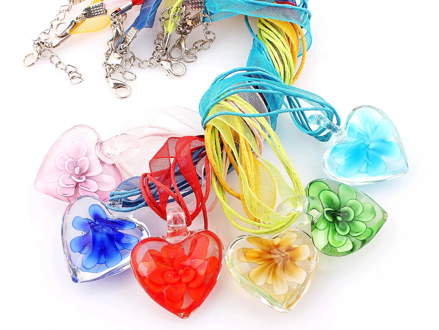 Fashion Wholesale lots 6pcs Handmade Murano Lampwork Glass Mixed Color Inside Rose Flower Pendants Silk Cords Necklace New