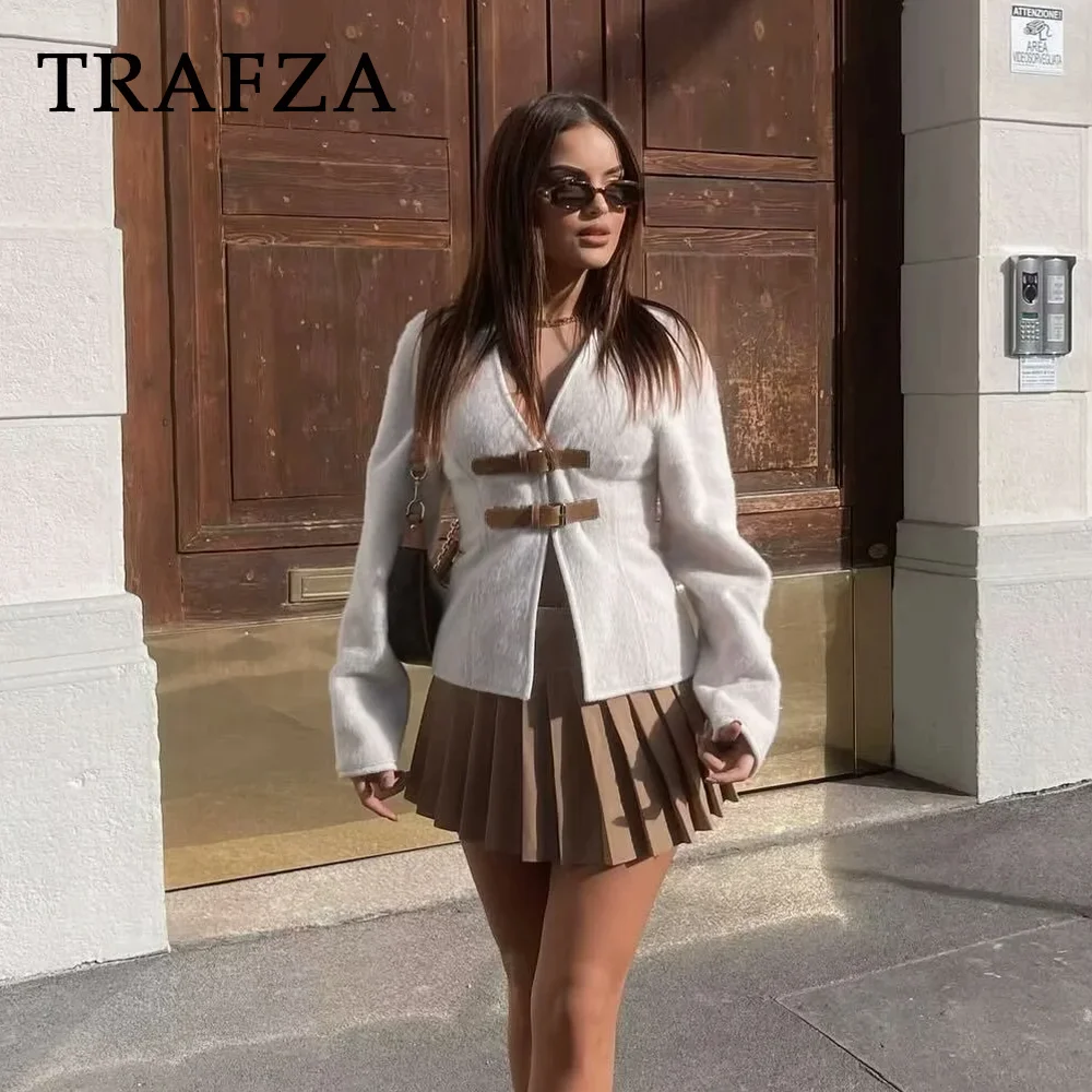 TRAFZA 2024 Spring Summer Casual Belt Women Jackets Fashion Vintage Solid V Neck Chic Slim Coats Streetwear Female Outwears