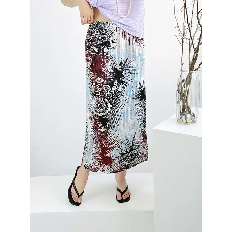 

Miyake Pleated 2025 Summer New Printed Half Skirt Women Simple Loose Stretch Elastic Waist Vacation Straight Open Skirt