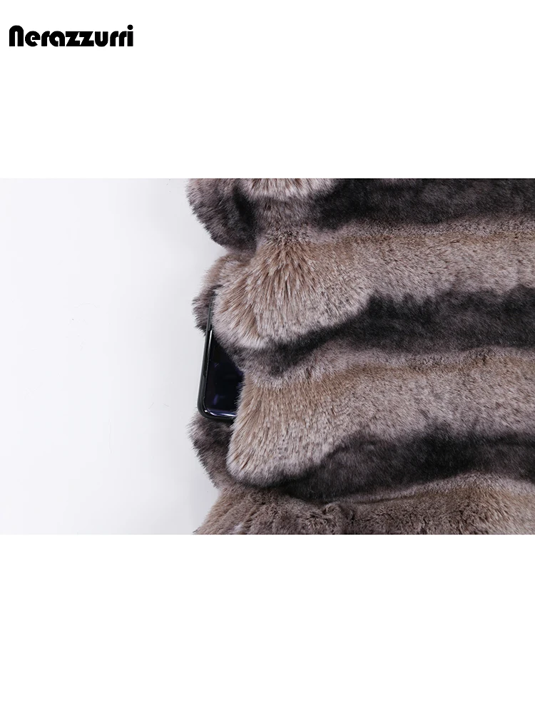 Nerazzurri Winter Striped Thick Warm Soft Colorful Faux Chinchilla Fur Coat Women Turn-down Collar High Quality Fluffy Jacket