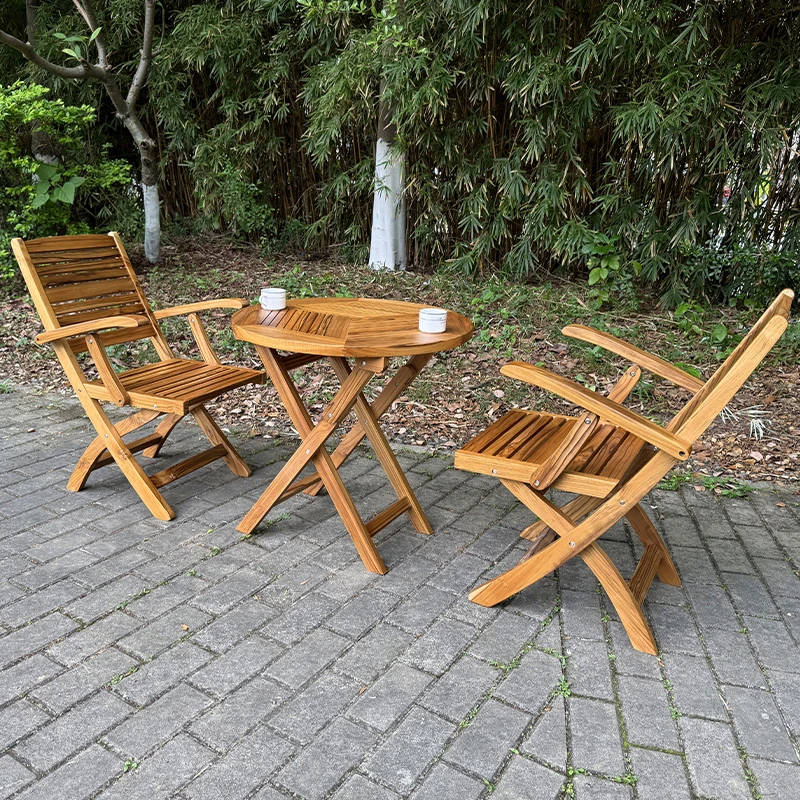 

3Pcs Foldable Teak Outdoor Furniture Set Space-Saving Garden Table/Chairs Weatherproof Patio Dining Set Solid Wood Easy Storage
