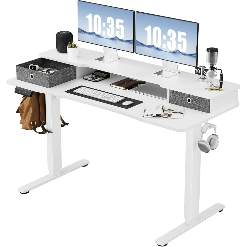 

Electric Standing Desk - 55 x 24 Inch Adjustable Height Sit and Stand Up Computer Table with Double Drawers, Wire Hole and Hook