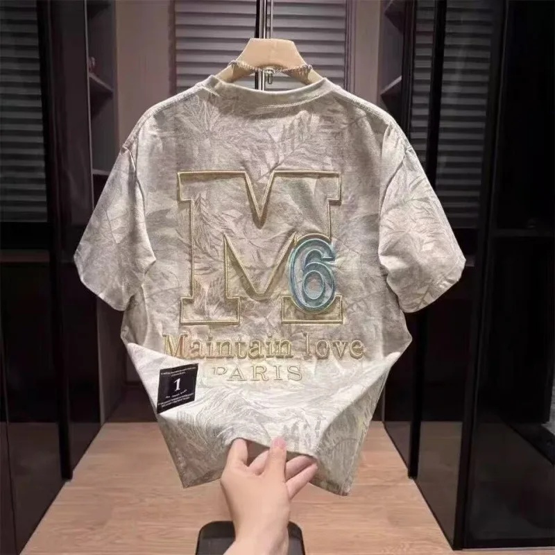 QICHE Men Loose Fit Letter Embroidery Crew Neck Short Sleeve T-Shirt Summer Casual Fashion Top For Southeast Asia Market