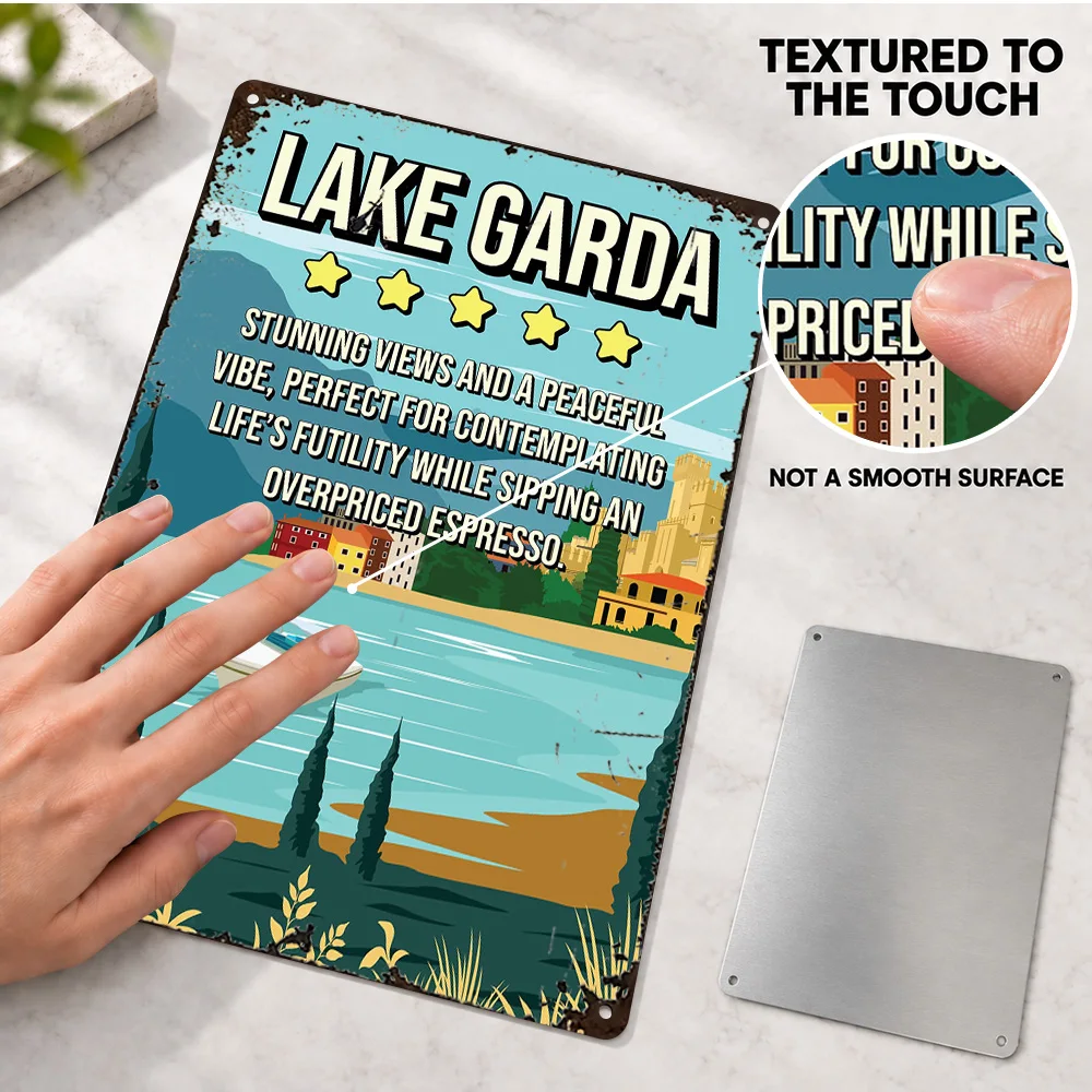 Lake Garda Review Quote Printed Poster Personalized Aluminum Metal Sign Humorous Typography Wall Art For Travel Agency Reception