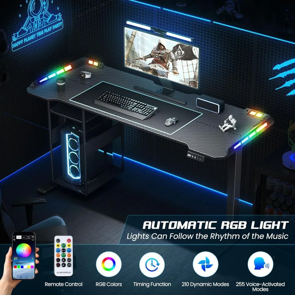 مكتب ألعاب مريح مضاء بإضاءة LED مع سطح 55 × 24، وتطبيق مزامنة الموسيقى، ورف إدارة الكابلات