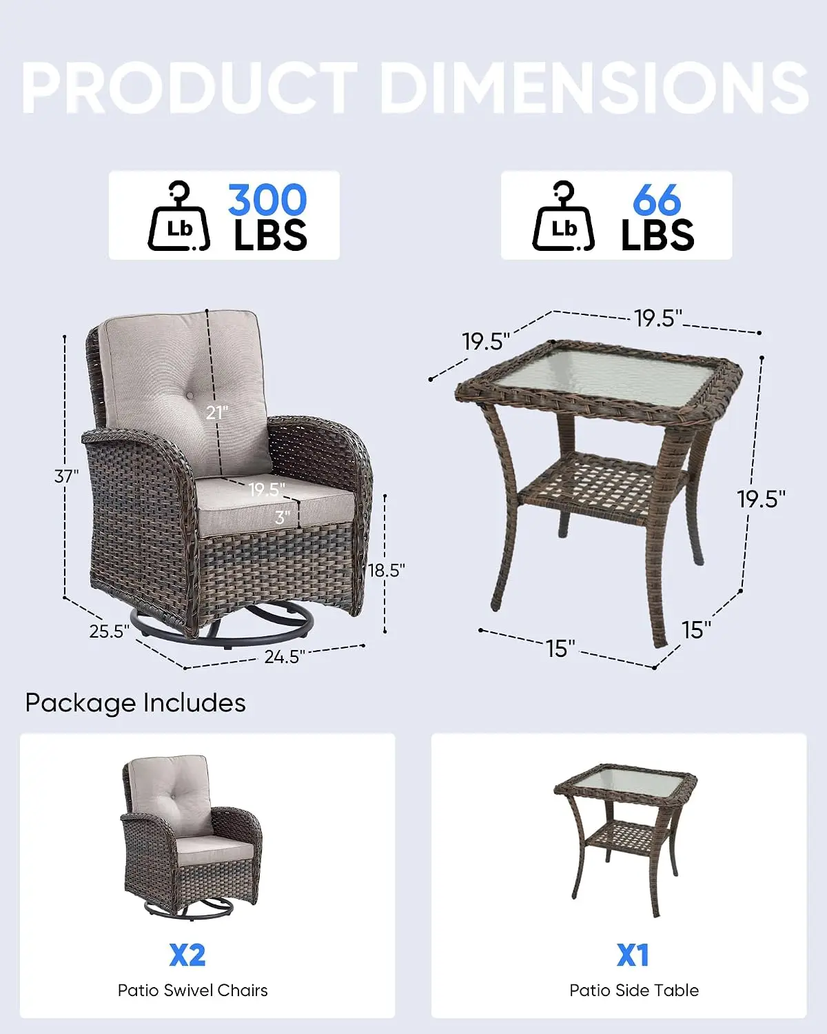 3-Piece Outdoor Swivel Rocker Bistro Set With Side Table For Deck Porch Garden Balcony Poolside, Customized