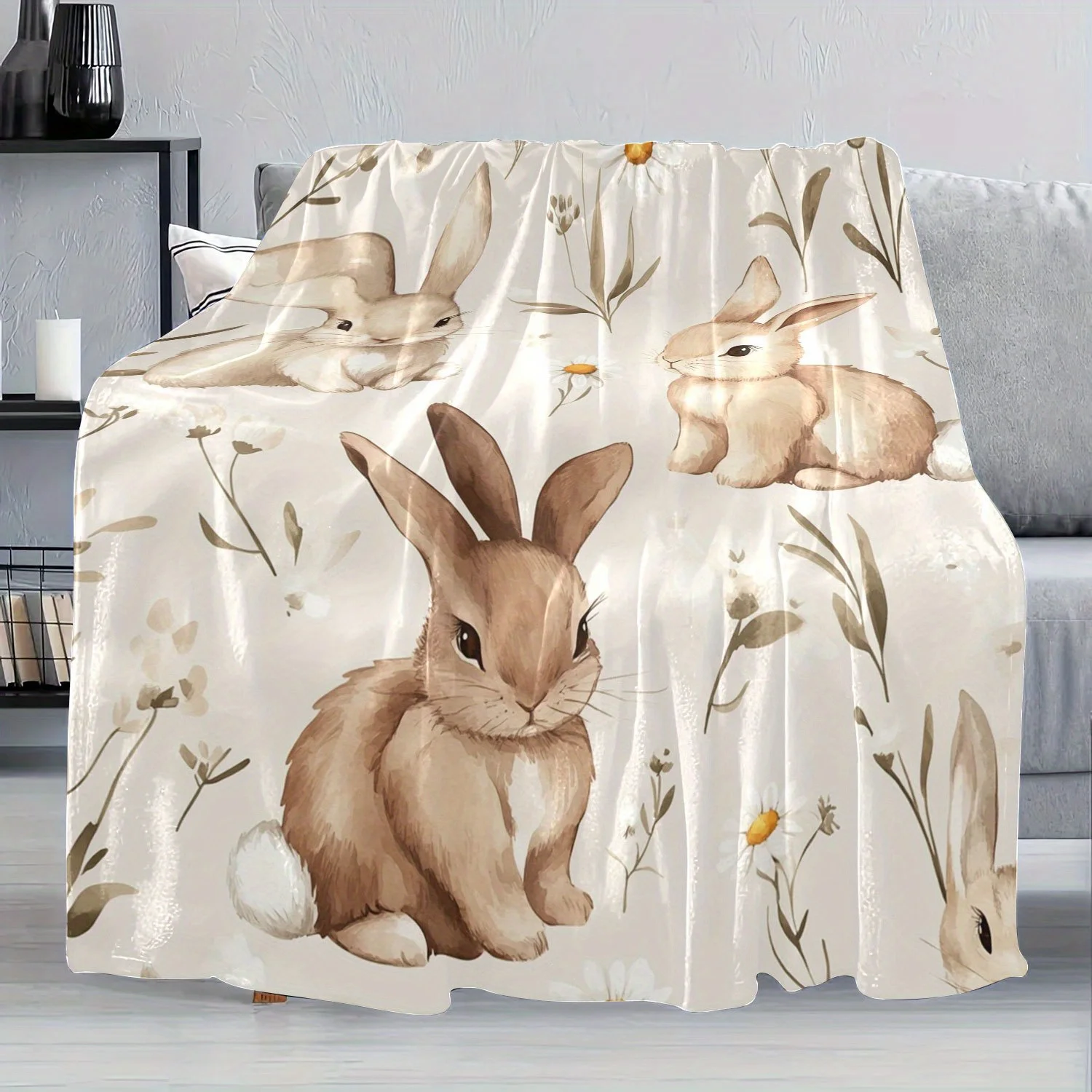 

Adorable Rabbit Print Throw Blanket, Gentle Floral Pattern, Warm Flannel Cover, Spring Bedroom Decor