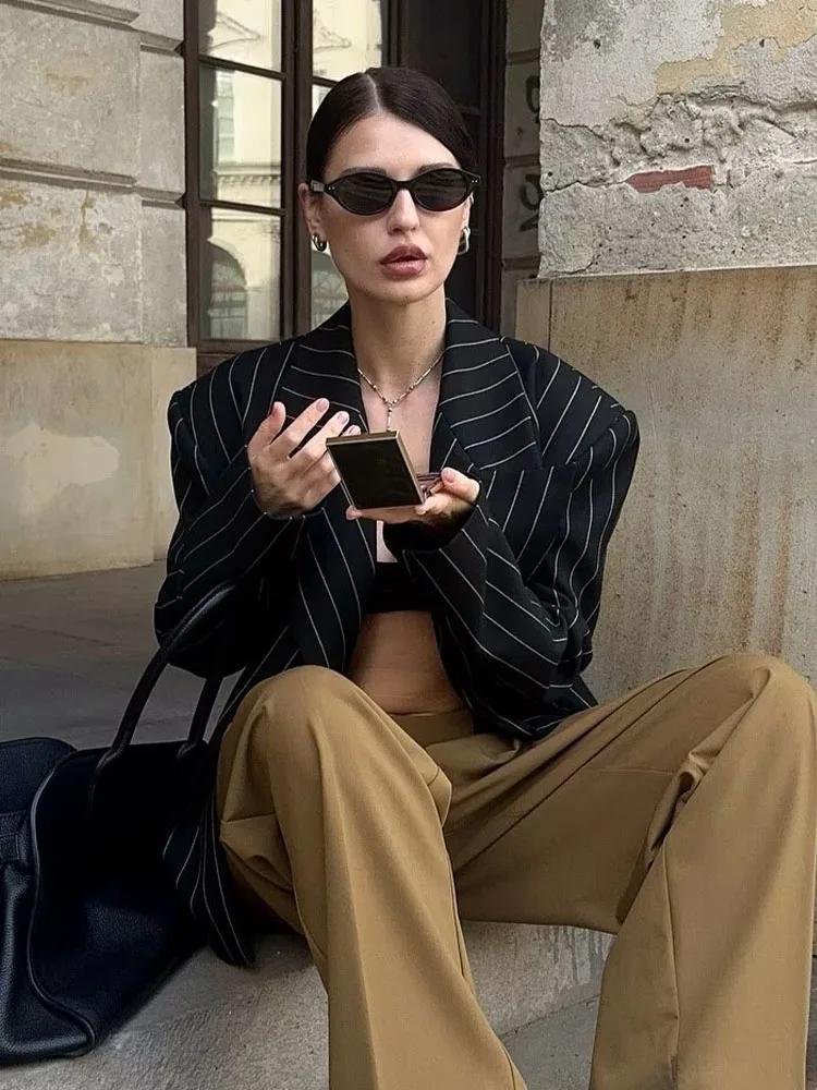 

HH Женская мода Универсальный полосатый пиджак с широкими плечами Женская индивидуальная темпераментная повседневная офисная куртка Mujer