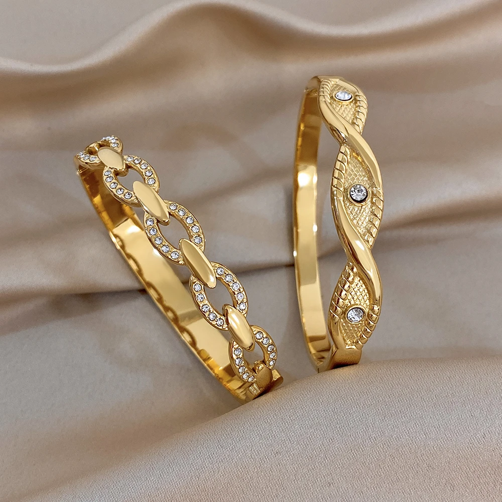 Vintage Golden Stainless Steel Hollow Out Chain Bracelet for Women Gothic Eyes Inlaid Zircon Cuff Bracelet Waterproof Jewelry