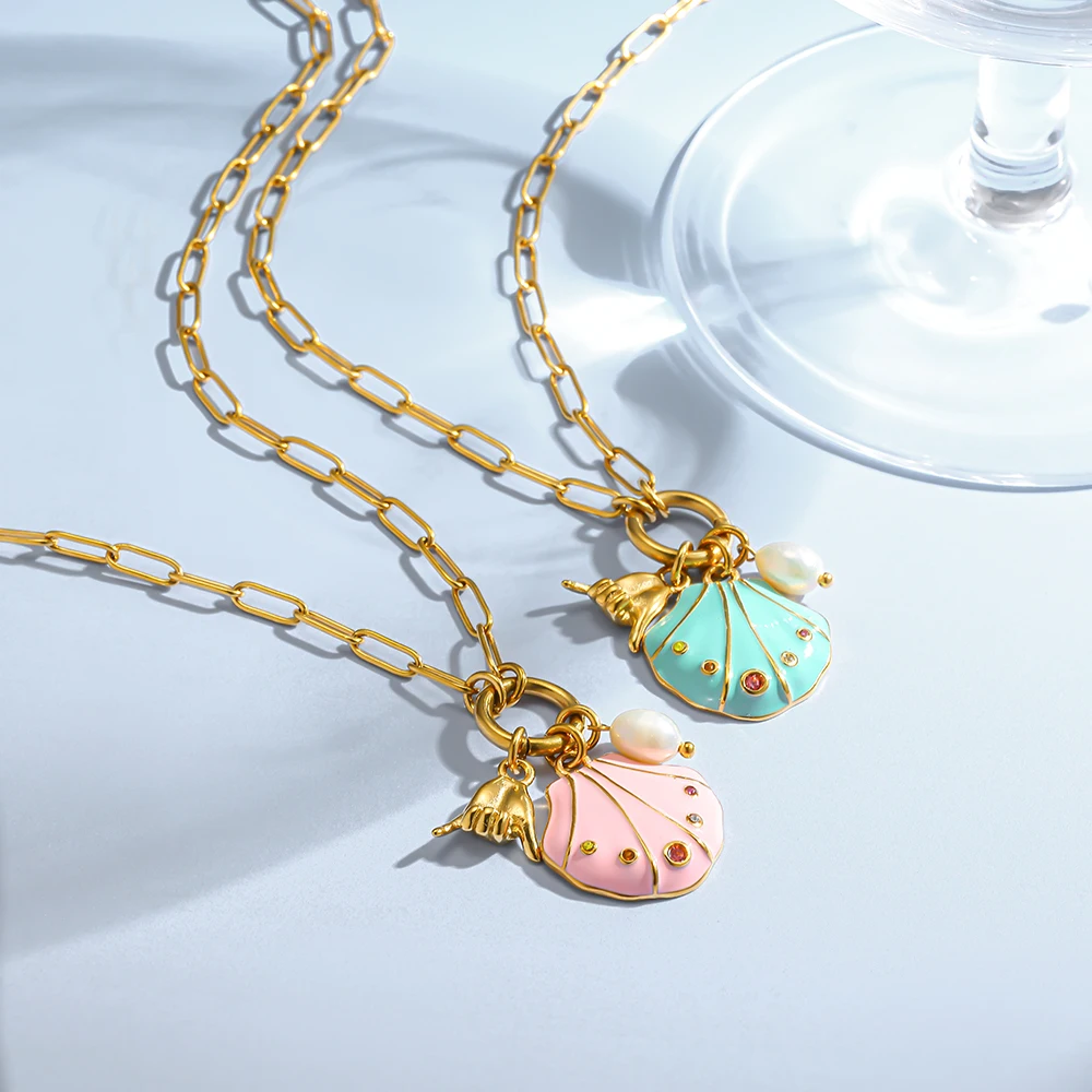 

Vacuum 18K Gold Stainless Steel Colored Oil Drop Shell Pearl Gesture Pendant Necklace, Ocean Style Stylish Women's Jewelry