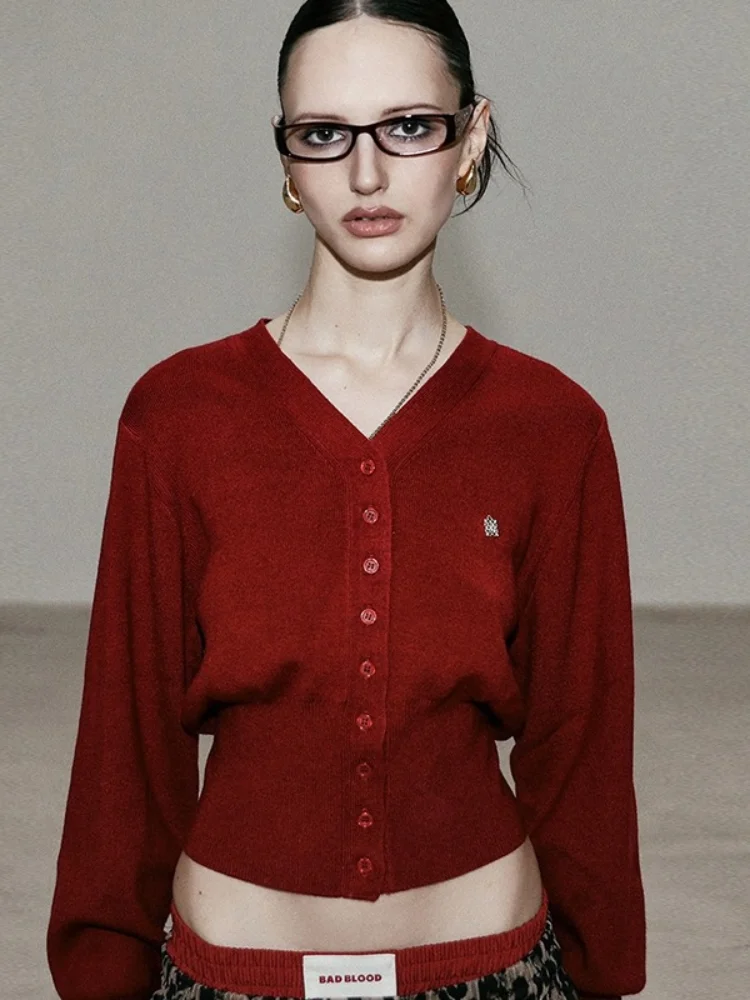 

Solid Color Casual V-neck Sweater Cardigan Women Chic Long Sleeved Single Breasted Waist Cinched Short Cardigans Lady Daily Top