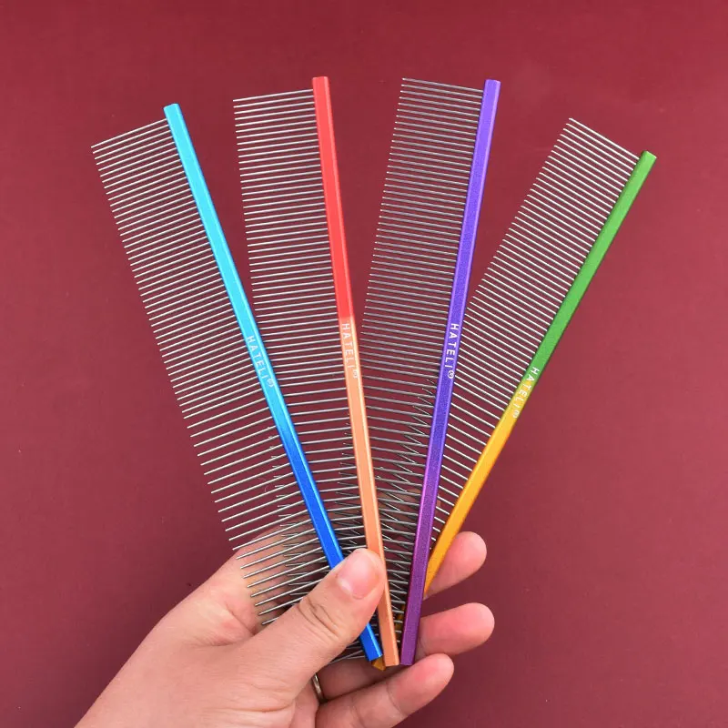 19cm Pet Rainbow Comb Dog Cat Grooming Comb Stainless Steel Pet Comb Dense Teeth Cleaning Brush Hair Removal Pet Supplies