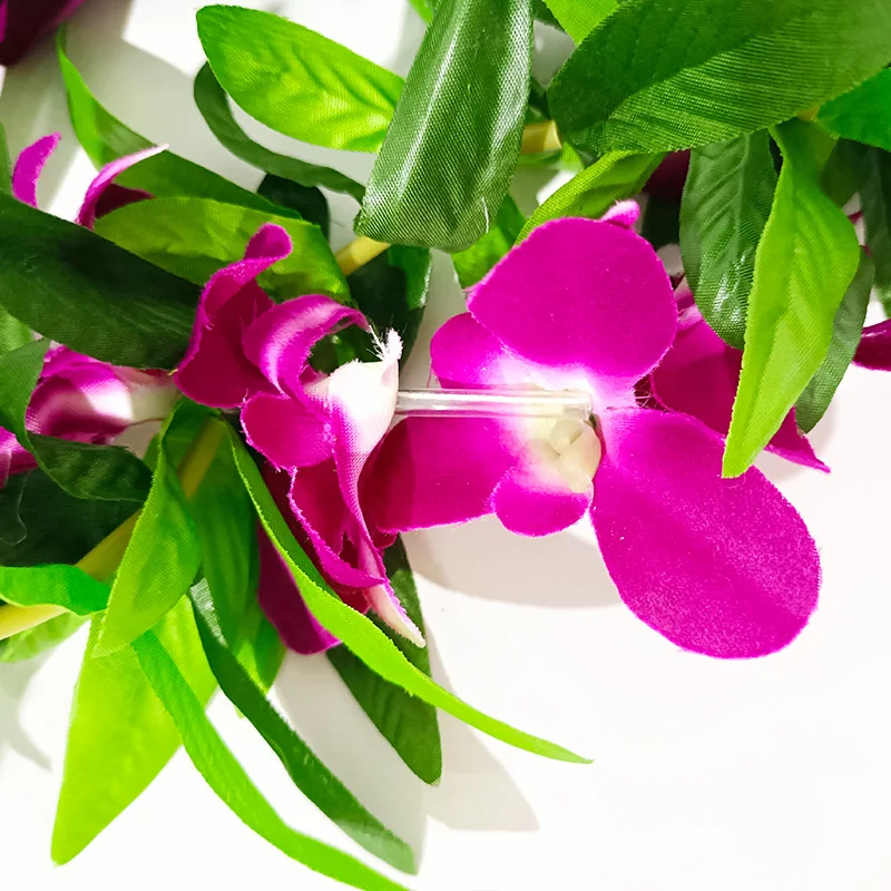 ฮาวายยอดนิยม Maile Lei Double Ti Leaf with Strand of Purple White orchids 2023 graduation Wedding luau Birthday Celebration