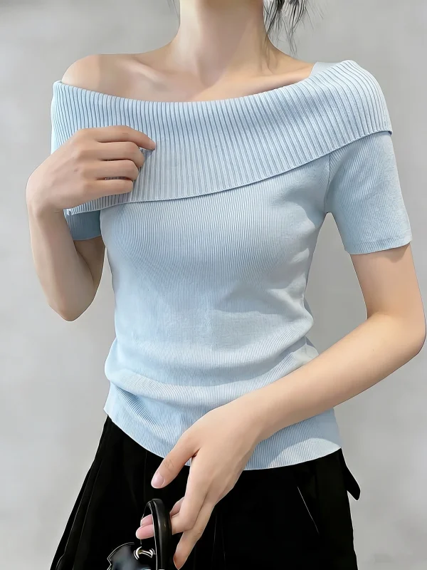 Light Blue One-Shoulder Short-Sleeve T-Shirt Women's Stylish Summer New plus Size Beautiful Top Korean Style Loose Fit Commute