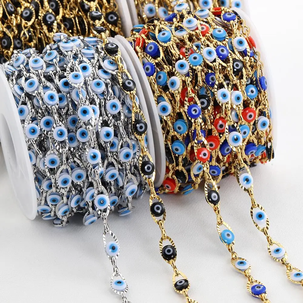 1Meter/lot Stainless Steel Evil Eye Chains Turkey Eye Charm Beaded Chains for Bracelet Necklace Sweater Chain Jewelry Making DIY