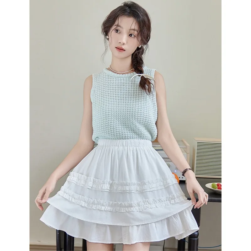 Korean Girly Skirt Women Summer New Double-layer Lace Design Solid Y2k Skirt Casual Loose Versatile Mini Skirt Female