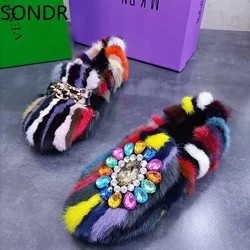 Womens Real Mink Fur Rainbow Colors Loafers Rhinestones Crystal Chain Flats Shoes 5Colors New 2024