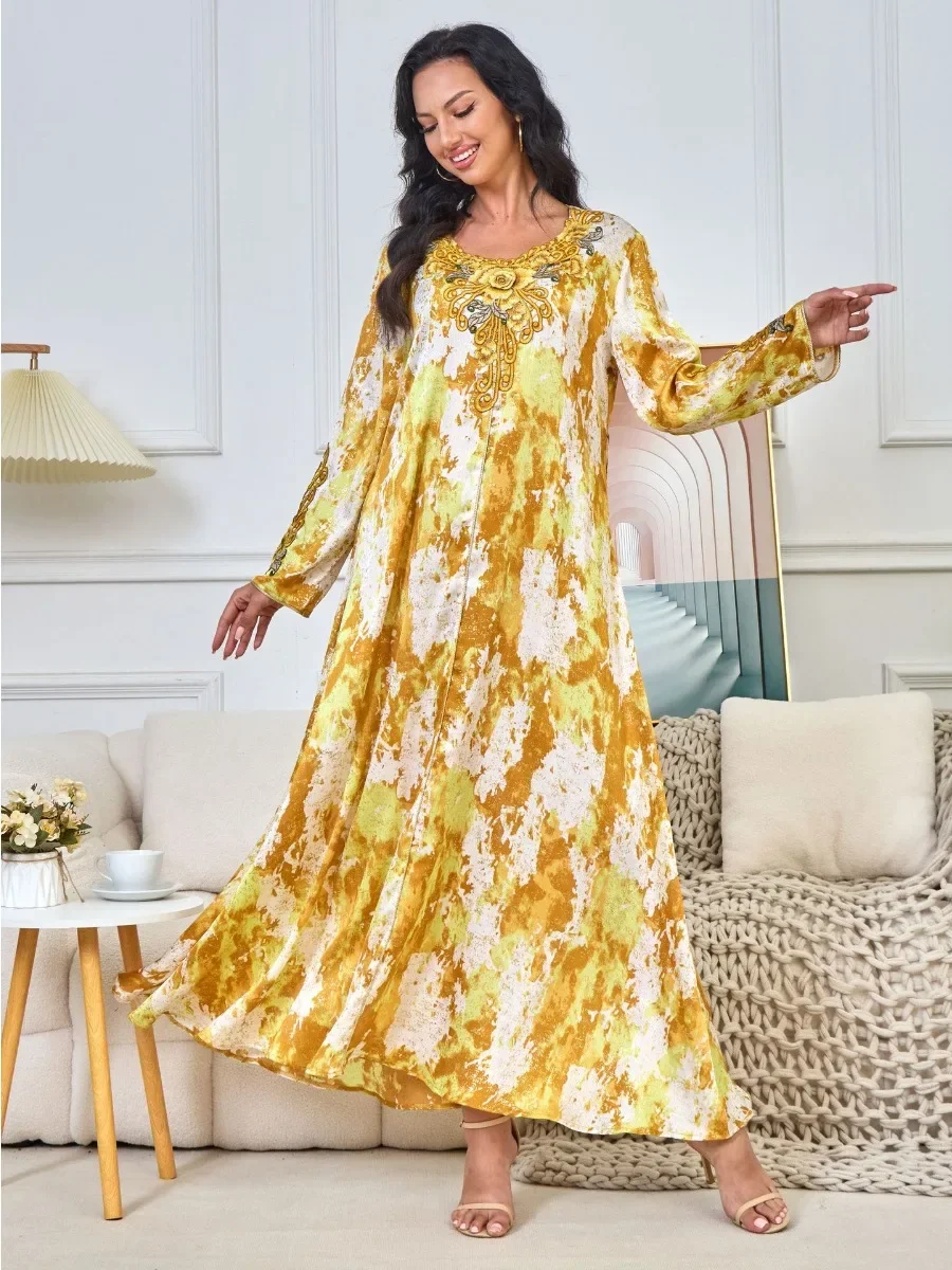 Eid Muslim Print Party Dress for Women Abaya Ramadan Vestidos Largos Dubai Robe Jalabiya Long Dress Belt Morocco Kaftan 2024