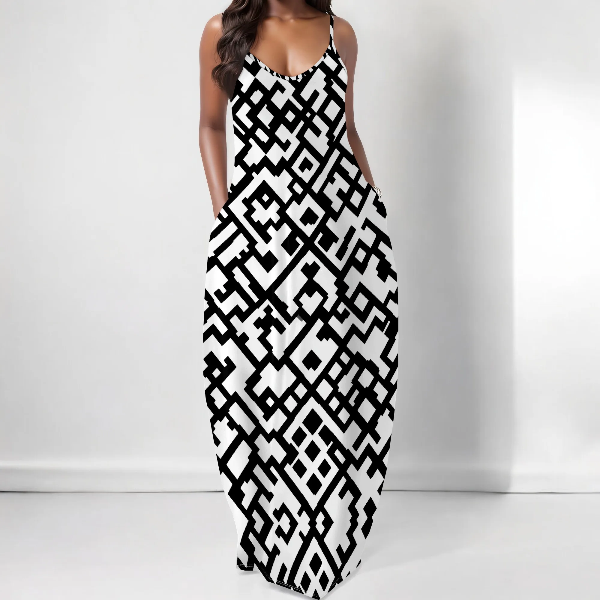 

Women's Casual Maxi Dress with Pockets Spaghetti Strap Loose Fit Geometric Print Sundress XS-3XL