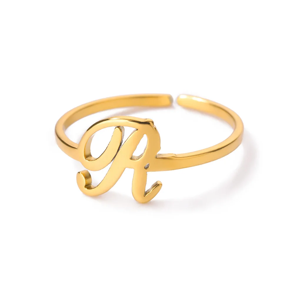 Initial Letter Rings for Women, Gold Color Adjustable A-Z Ring