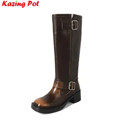 Krazing Pot Luxury Cow Leather Chunky Med Heels Riding Boots Casual Vintage Winter Autumn Platform Runway Women Thigh High Boots