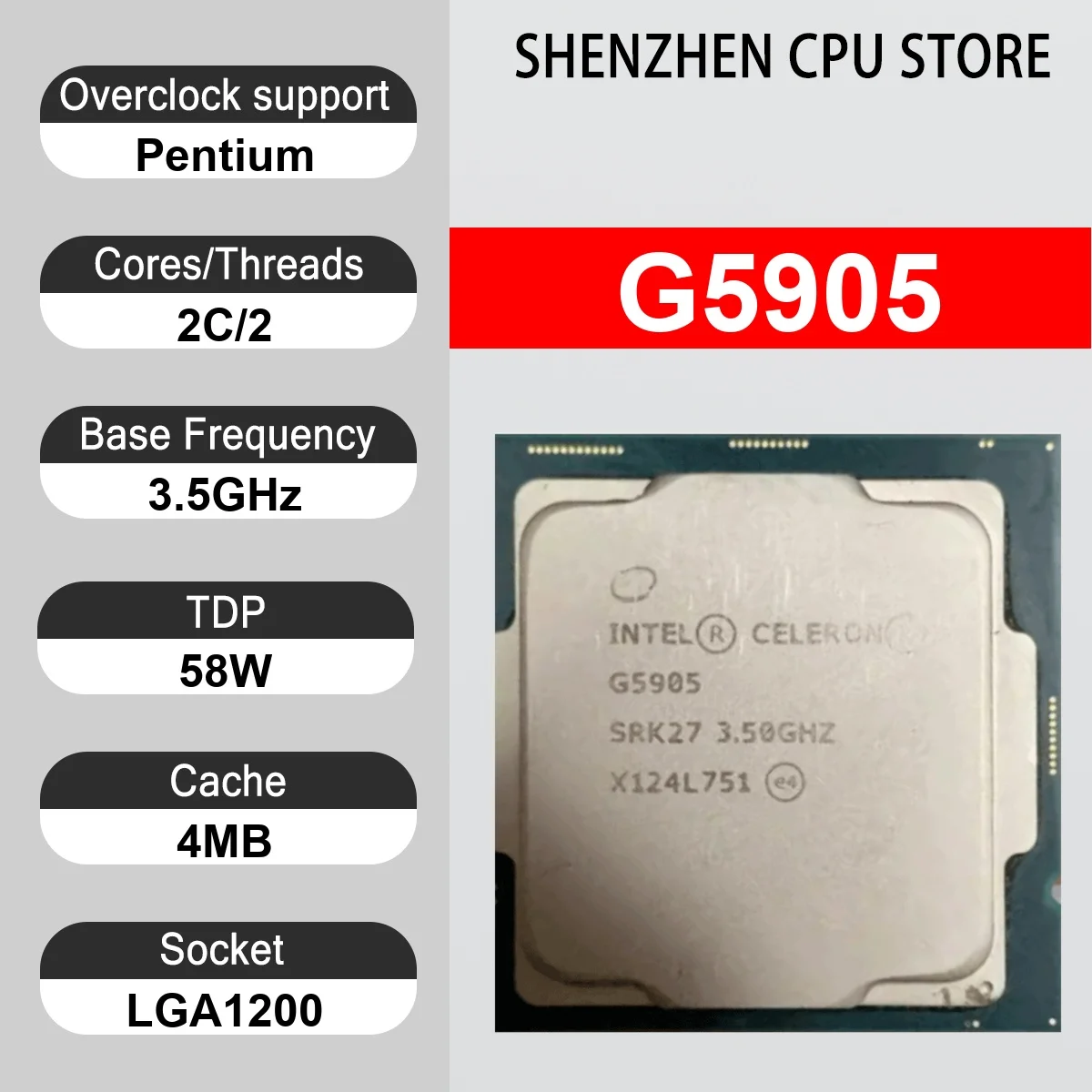 Intel Pentium G5905 2 Core 2 Thread 3.50Ghz 58W 4MB Cache 14nm LGA1200 SRH3L DDR4-2666 Mhz Comet Lake Intel UHD Graphics 610