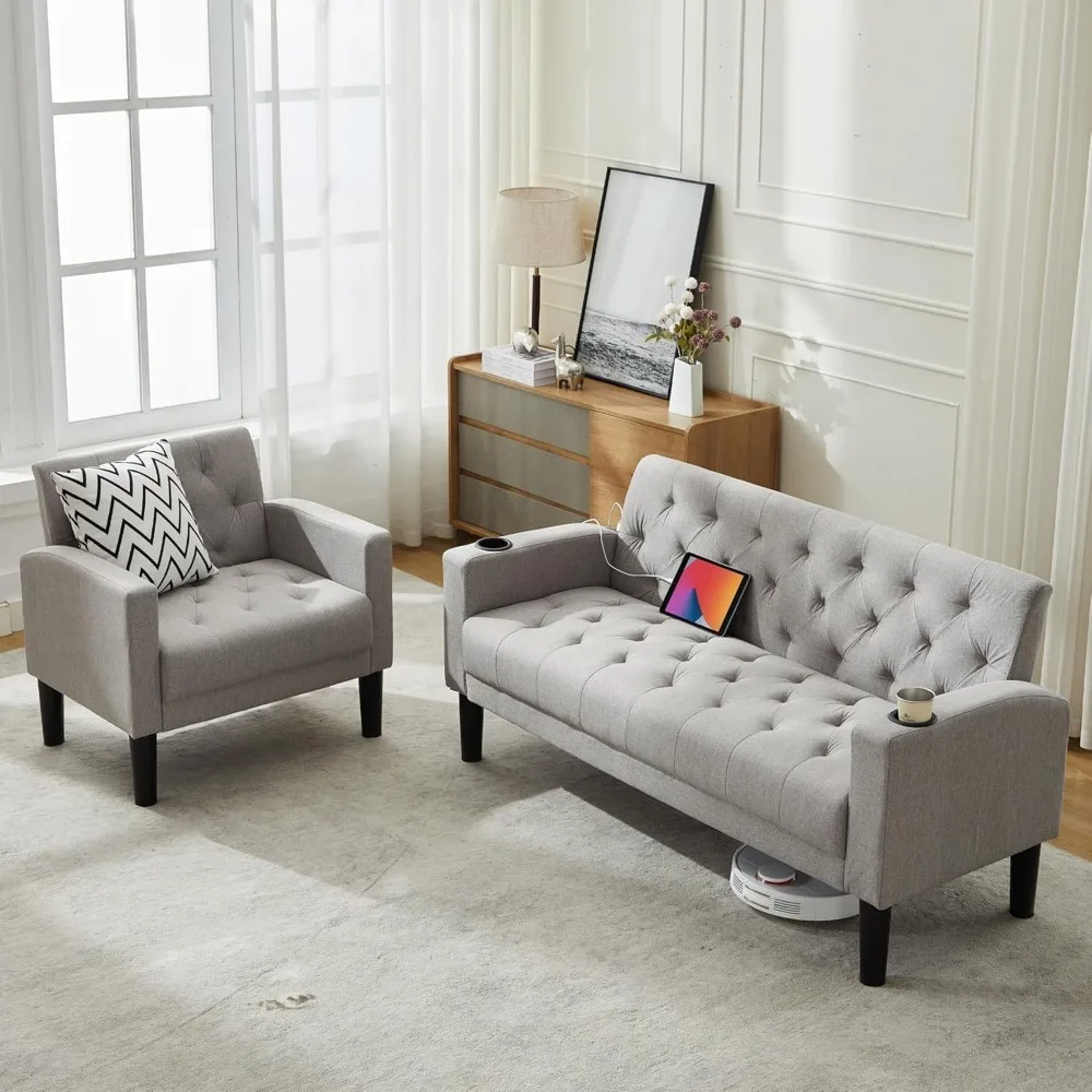 

Mid-Century Modern Tufted Loveseat Sofa Set w/ 2 USB & 2 Cupholders,2 Piece Living Room Furniture Sets, Small Love Seat Couches