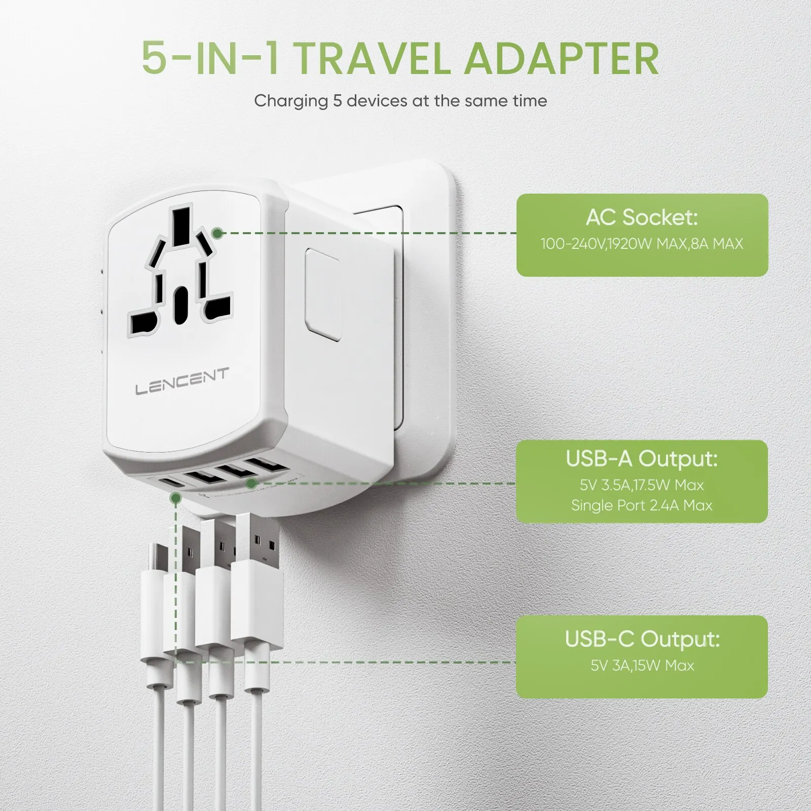 LENCENT Universal Travel Adapter with 3 USB Port and 1 Type C Wall Charger All-in-one Travel Charger for US EU UK AUS Travel