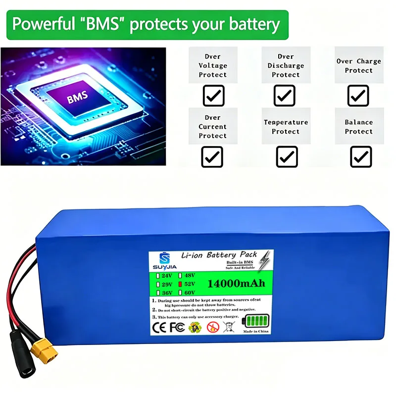 2026 new 52V 14S4P 14000mah 18650 lithium battery pack with BMS suitable for balance car bicycle scooter tricycle +58.8V charger