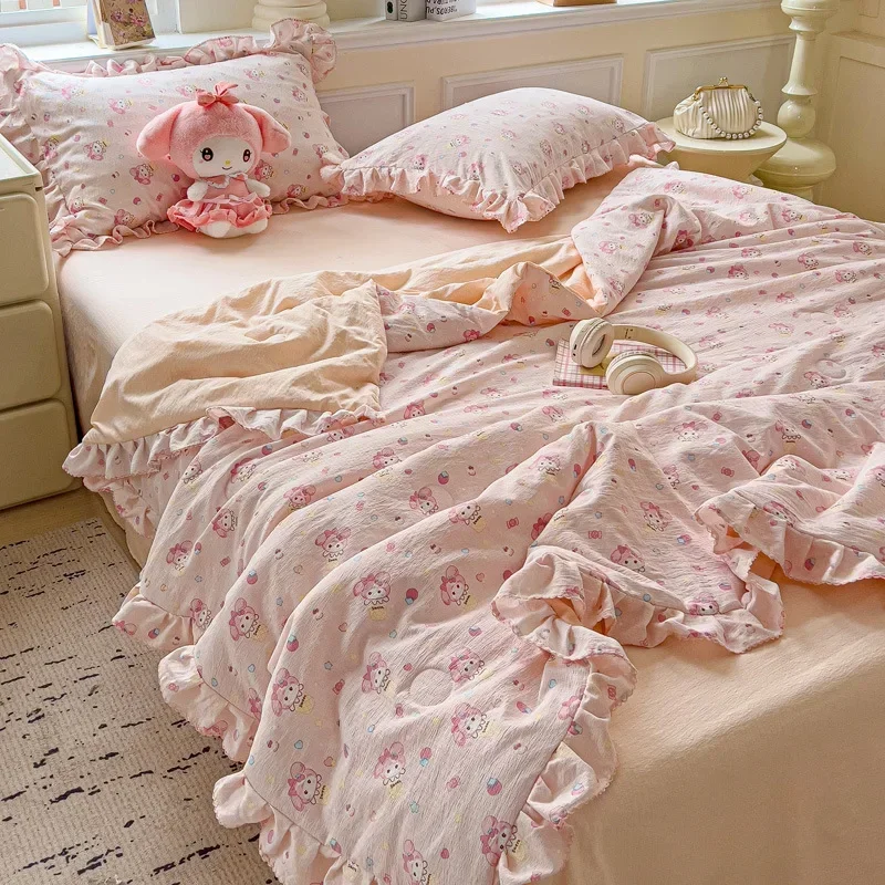 Korean Cartoon Printing Quilt Set with Lace Summer Cooling Comforter with Pillowcases Skin-Friendly Air Conditioning Blanket Kit