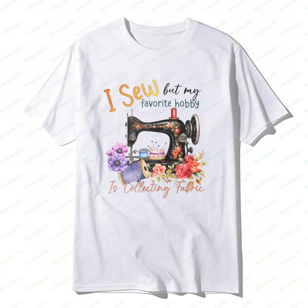 Sewing Machine and Flowers Pattern I Sew Women's Tshirt Quilting Enthusiast Tee Retro Classics Casual Fashion Summer Cotton Tops