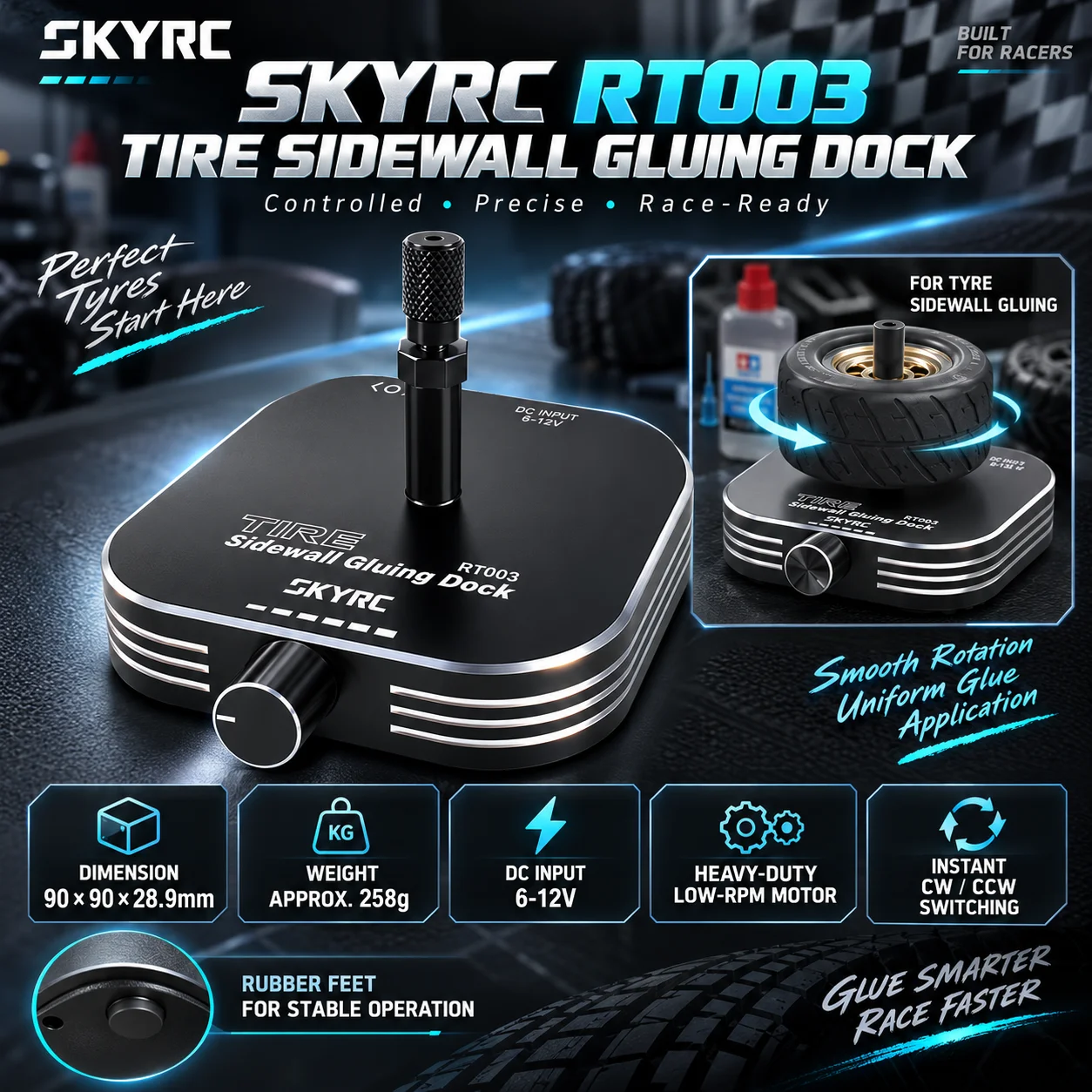 SkyRC Tire Sidewall Gluing Tool Dock Dual-Direction Control RC Car Tyre Adhesive Glue Helper  Repair Stand Anti-Slip Rubber Feet
