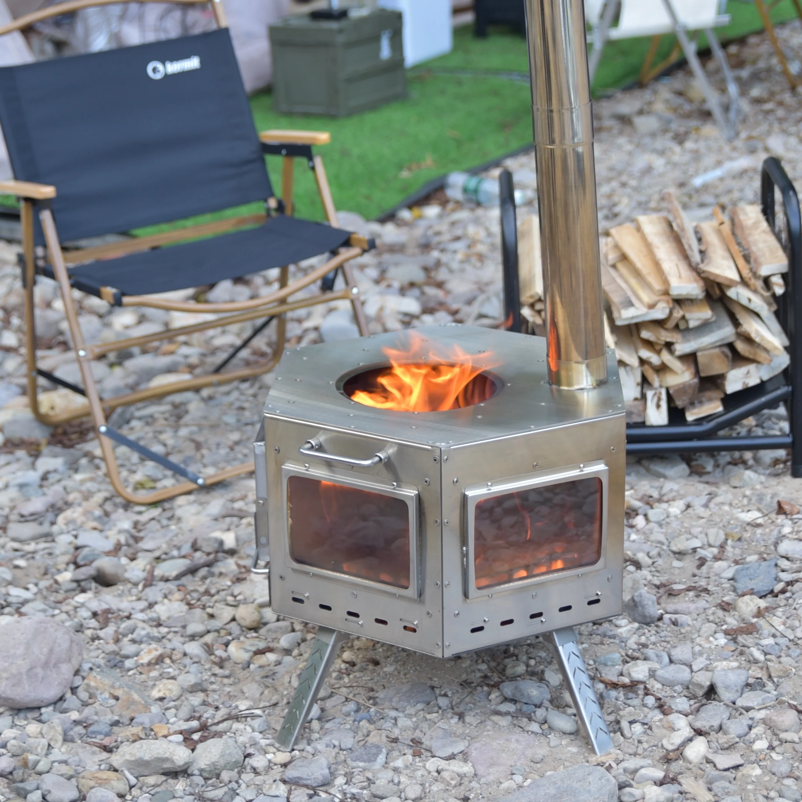 Portable Hexagonal Wood Burning Tent Stove 304 Stainless Steel Hot Tent Camping Heater with Chimney Pipe and Glass Window