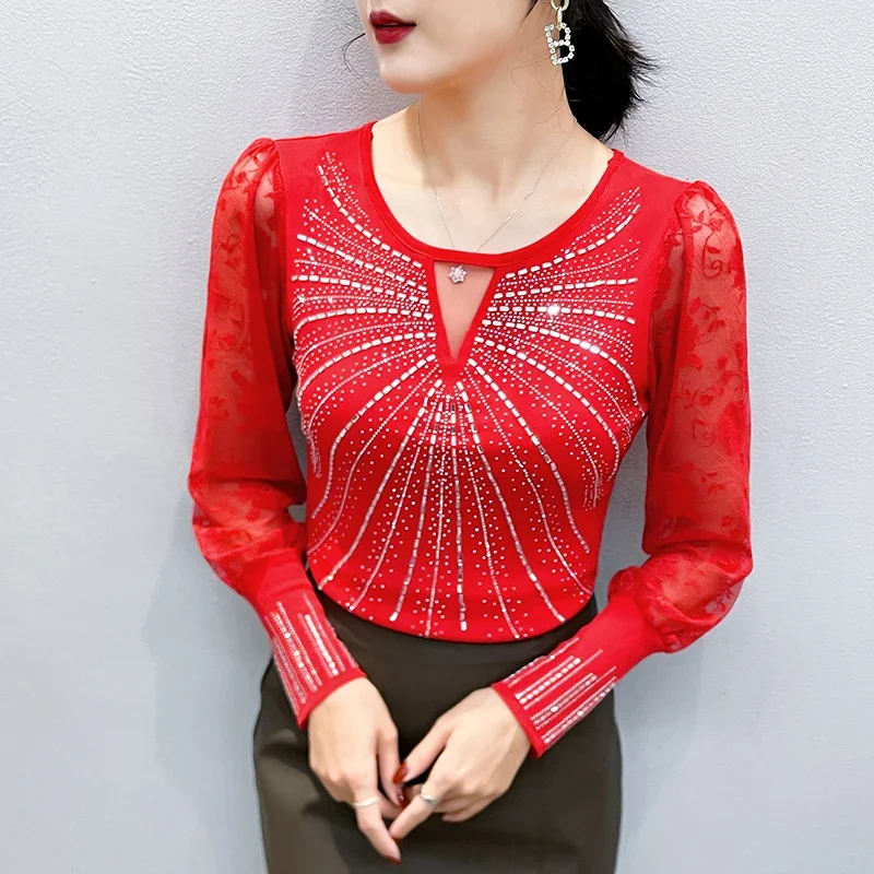 Spring Summer O-Neck Lace Mesh Tops For Women Slim Fit Long Sleeve Bling Crystal T-Shirt - Fashionable & Elegant Basic Wear